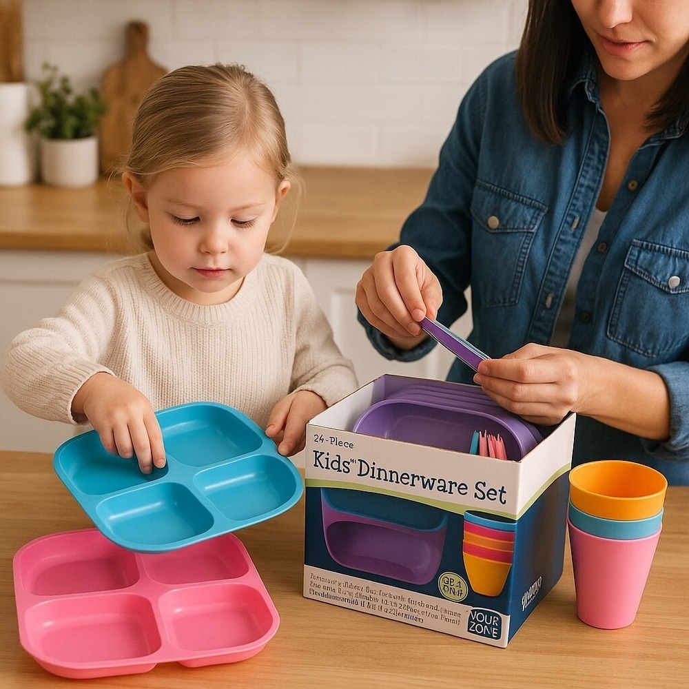 Your Zone 24pc Kids Dinnerware Set BPA Free Microwave Safe – Plates Bowls Cups